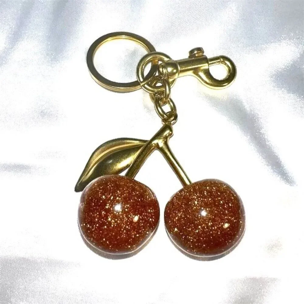 Cherry Charm Keychain Gold Glitter Resin Unisex Fashion Accessory